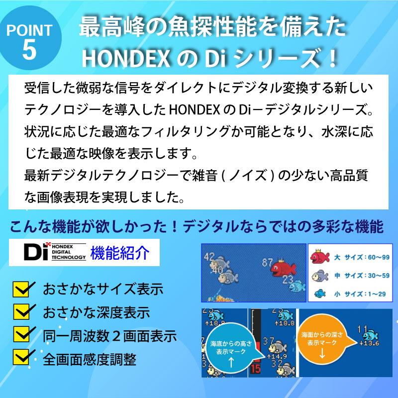 最高峰の魚探性能を備えたHONDEXのDiシリーズ。