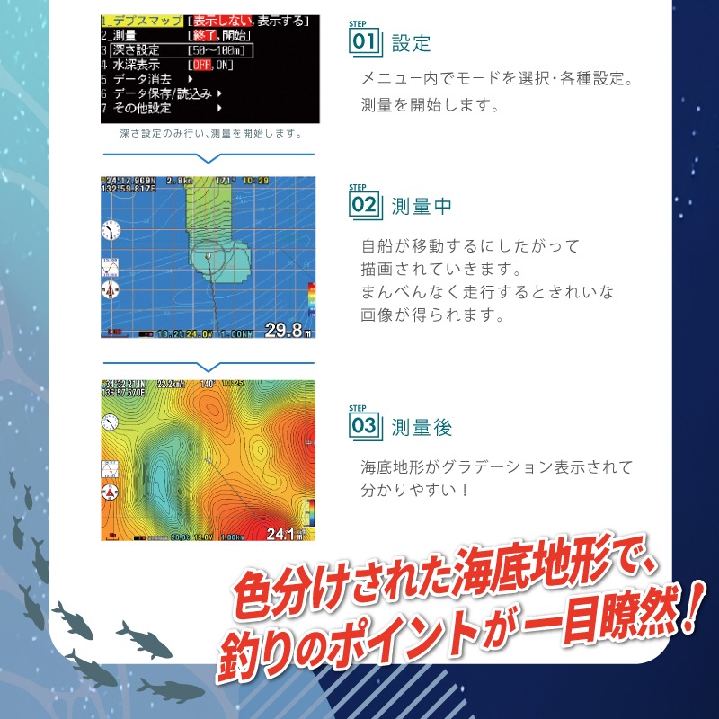 色分けされた海底地形で釣りポイントが一目瞭然