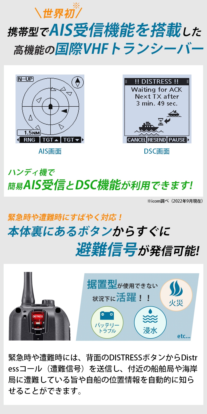 携帯型で初,AIS受信機能を搭載した高機能の国際VHFトランシーバー