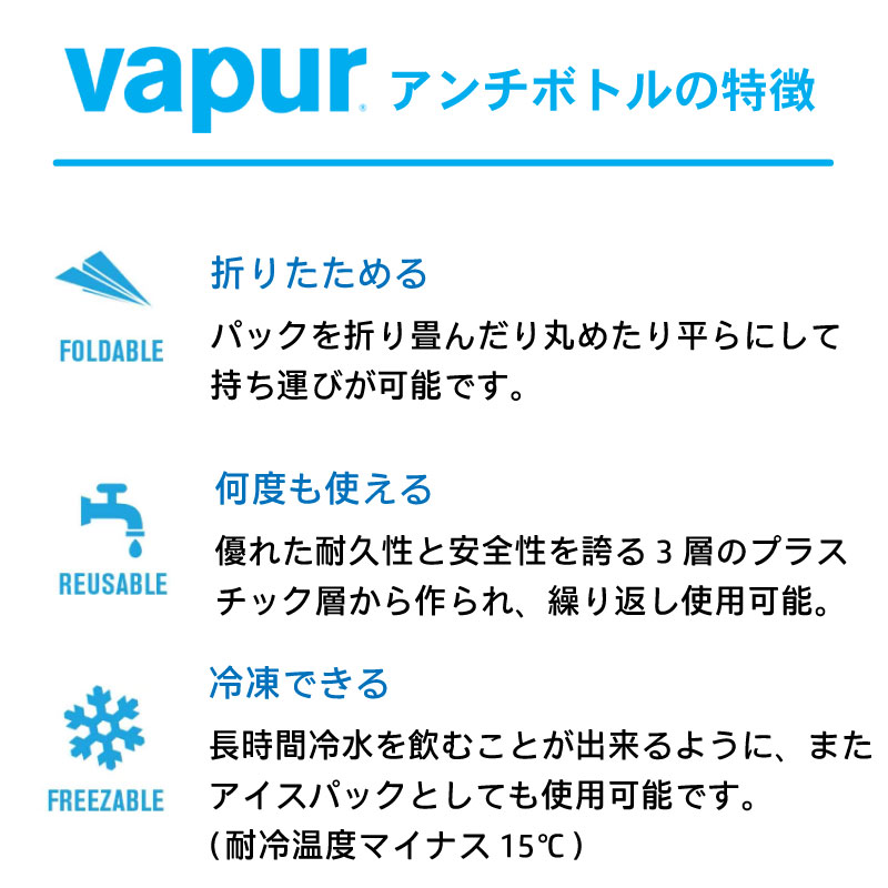 vapur アンチボトルの特徴 折りたためる 何度も使える 冷凍できる