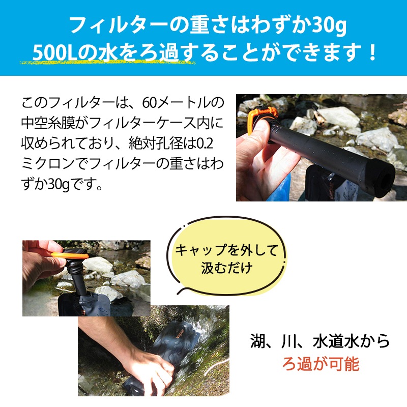 フィルタの重さはわずか30ｇ、500Ｌの水をろ過することができます。