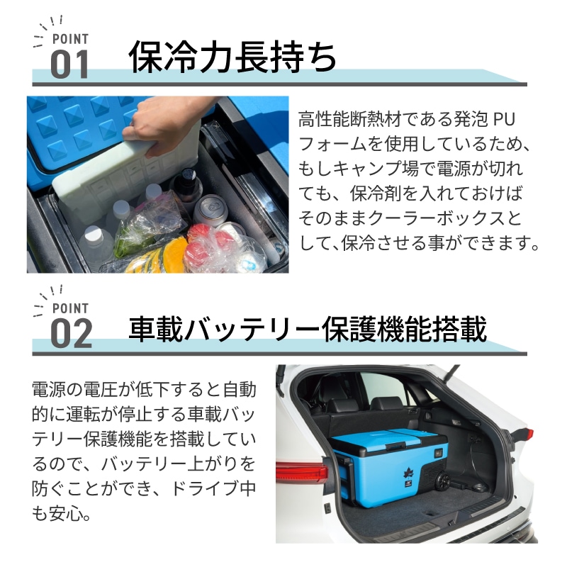 ポイント：保冷力長持ち　車載バッテリー保護機能搭載