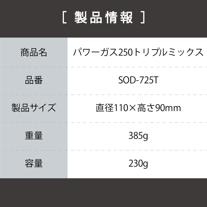 SOTOのOD缶パワーガス250トリプルミックス製品情報　品番SOD-725T　製品サイズ直径110×高さ90㎜　重量385g　容量230g