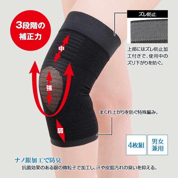 楽天市場 ナノ銀加工 膝楽サポーター 4枚組 レース編み 防臭 膝 サポーター 膝サポーター テーピング 機能 補正 半月板 痛み 対策 予防 日本製 男性 女性 メンズ レディース ブラック ベージュ 悠遊ショップ