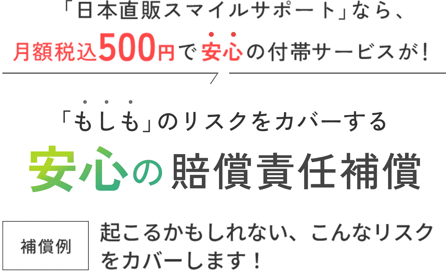 「日本直販スマイルサポート」なら 、月額税込500円で安心の付帯サービスが！「もしも」のリスクをカバーする安心の賠償責任補償。起こるかもしれない、こんなリスクをカバーします！