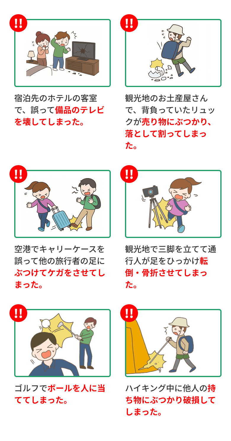 CASE01 宿泊先のホテルの客室で、誤って備品のテレビを壊してしまった。 CASE02 観光地のお土産屋さんで、背負っていたリュックが売り物にぶつかり、落として割ってしまった。 CASE03 空港でキャリーケースを誤って他の旅行者の足にぶつけてケガをさせてしまった。 CASE04 観光地で三脚を立てて通行人が足をひっかけ転倒・骨折させてしまった。 CASE05 ゴルフでボールを人に当ててしまった。 CASE06 ハイキング中に他人の持ち物にぶつかり破損してしまった。