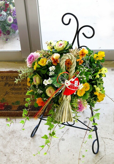 お正月飾り 葉ボタンのハンギングバスケット寄せ植え[黄プレミアム]L