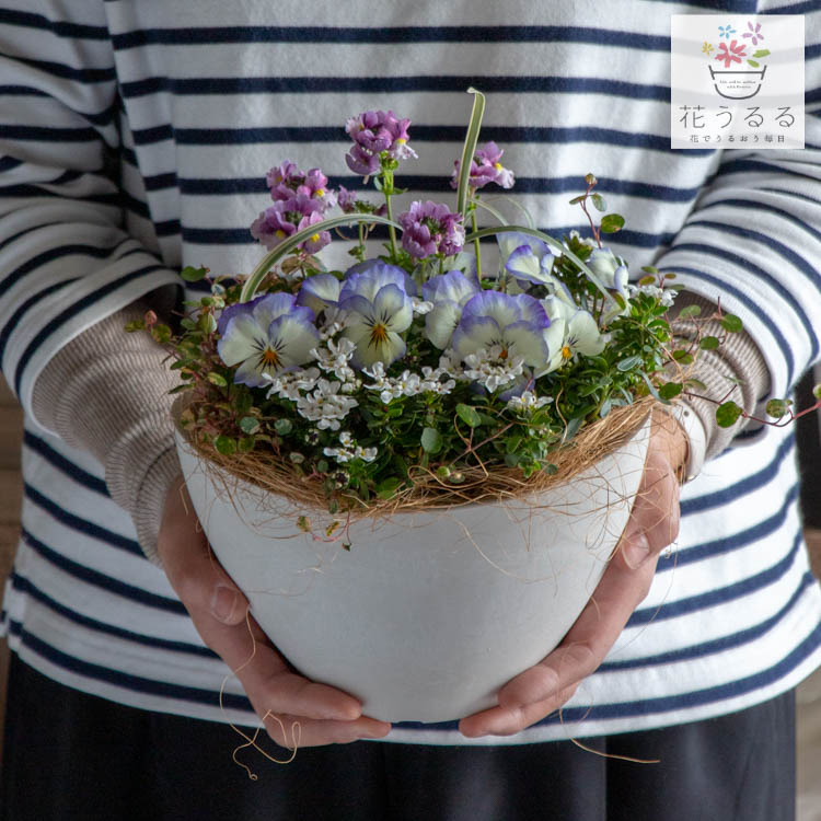 ご予約品 リメイク鉢4号ふっくら丸鉢 おねむなうさぎさん ピンクの野花