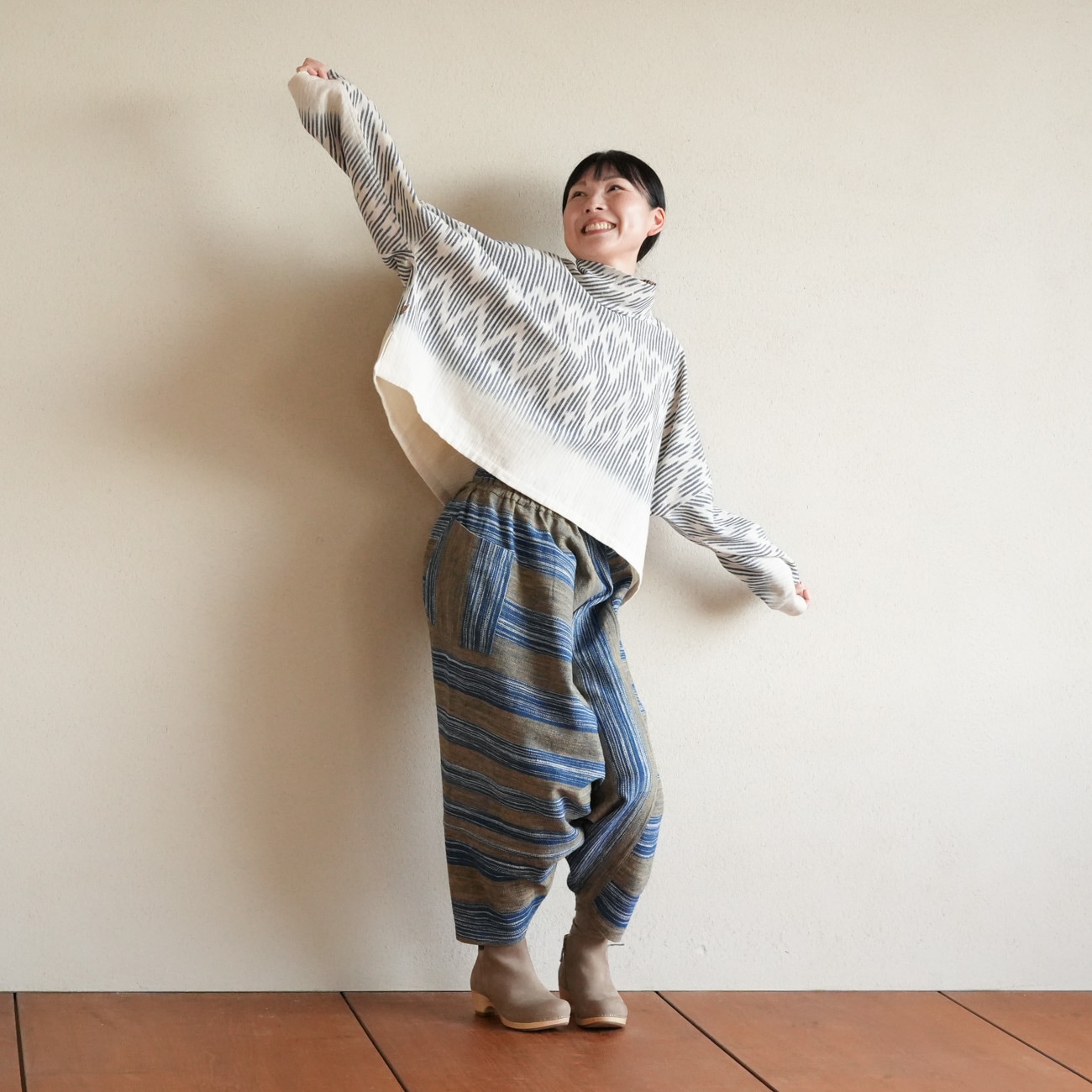 sorairo☆うさとの服 藍染風・ヘンプ混 イカパンツ／巻きスカート風