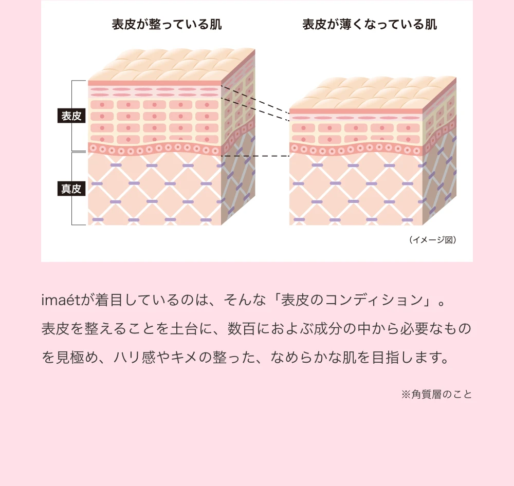 imaetが着目しているのは、そんな「表皮のコンディション」。表皮を整えることを土台に、数百におよぶ成分の中から必要なものを見極め、ハリ感やキメの整った、なめらかな肌を目指します。