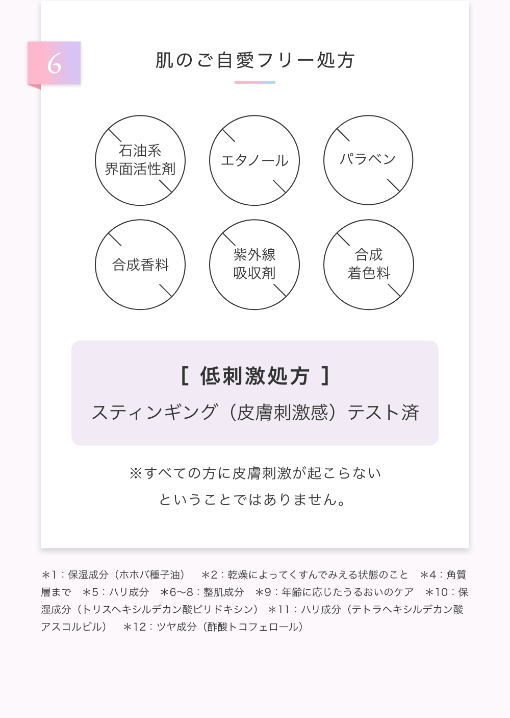 肌のご自愛フリー処方　石油系界面活性剤・エタノール・パラベン・合成香料・紫外線吸収剤・合成着色料　［低刺激処方］スティンギング（皮膚刺激感）テスト済　※すべての方に皮膚刺激が起こらないということではありません。
