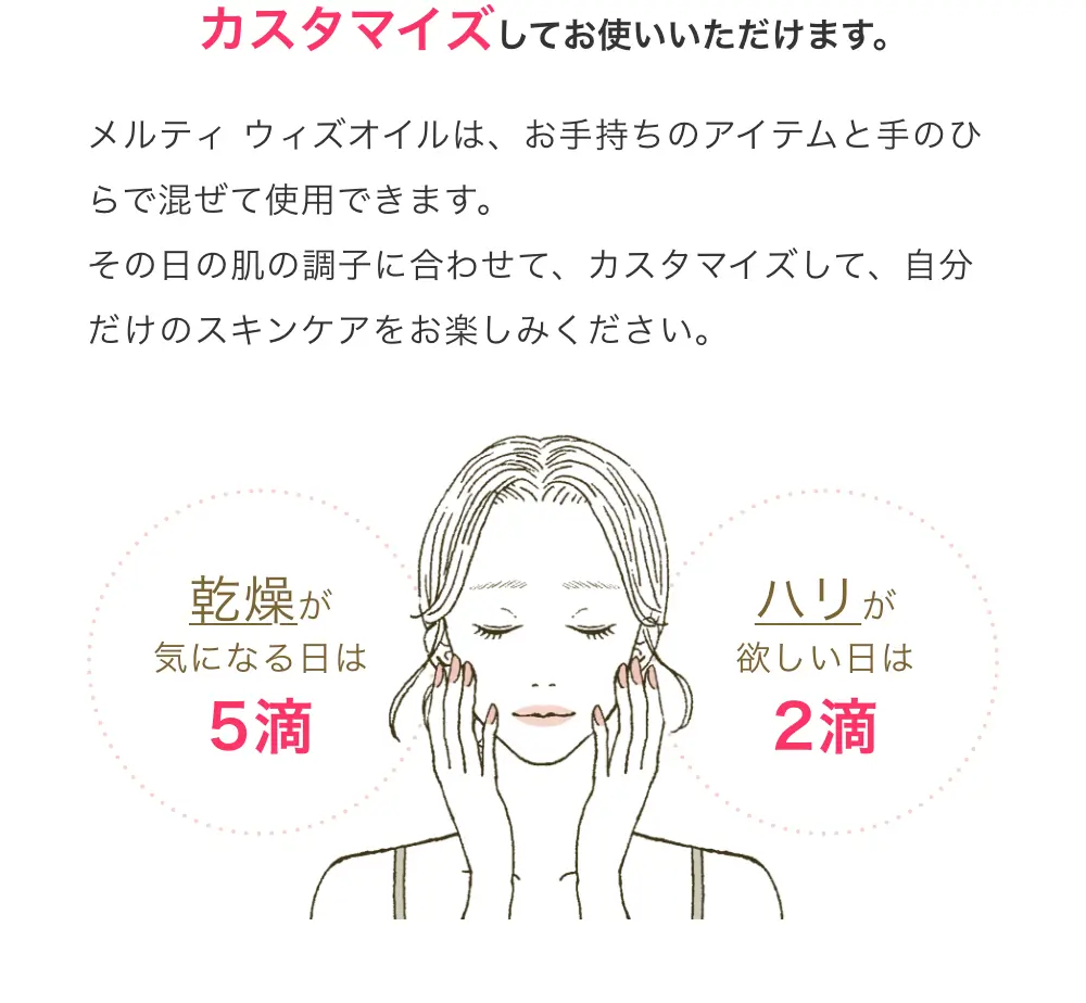 カスタマイズしてお使いいただけます。メルティ　ウィズオイルは、お手持ちのアイテムと手のひらで混ぜて使用できます。その日の肌の調子に合わせて、カスタマイズして、自分だけのスキンケアをお楽しみください。
