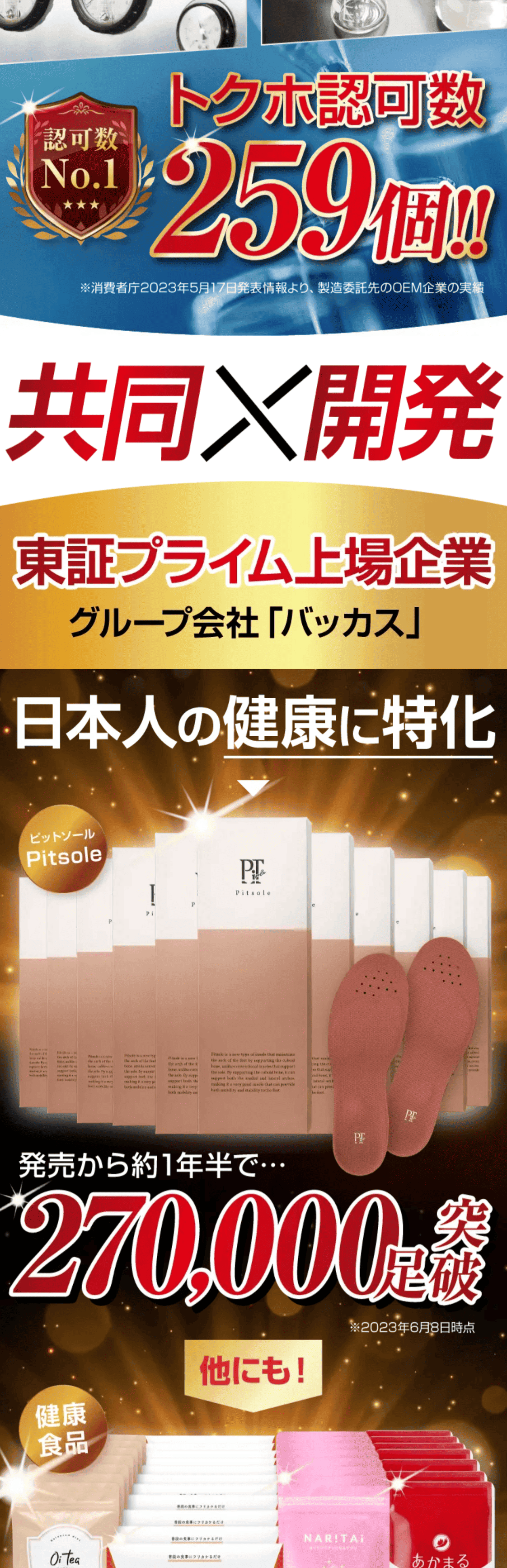 トクホ認可数259個 共同×開発 東証プライム上場企業 グループ会社「バッカス」 日本人の健康に特化 発売から約1年で270,000足突破