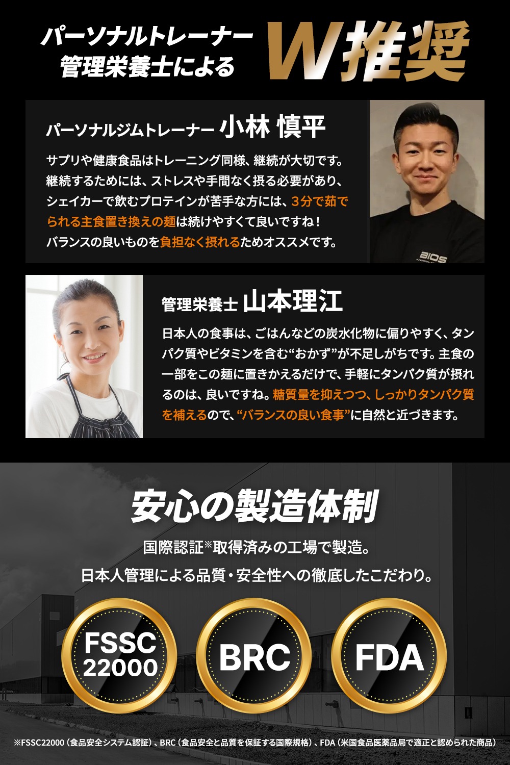 パーソナルトレーナー・管理栄養士によるW推奨 安心の製造体制