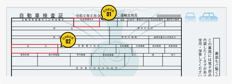 車検証の確認箇所：初度登録年月と型式