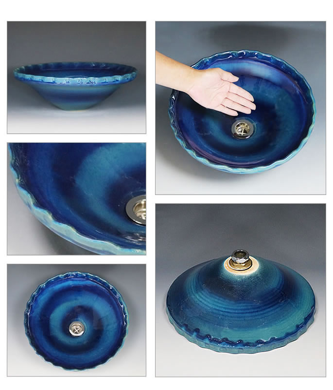 藍の色 手洗い鉢【小型サイズ】 信楽焼き手洗器 陶器の手水鉢 陶器 丸 