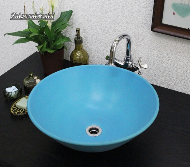 信楽焼 手洗鉢 ブルー 直径３４cm - 置物