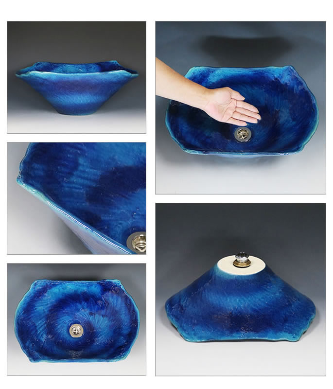 藍の色　長角型　手洗い鉢　信楽焼き手洗器！陶器の手水鉢　長方形　角型［tr-4125］ - 3