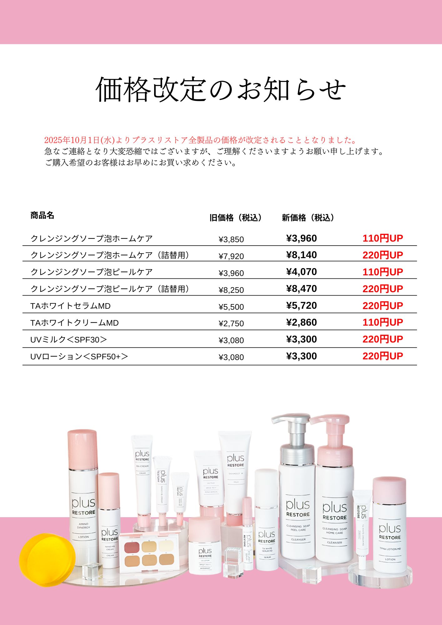 価格改定のお知らせ】エンビロン／プラスリストア（2025年10月1日より）