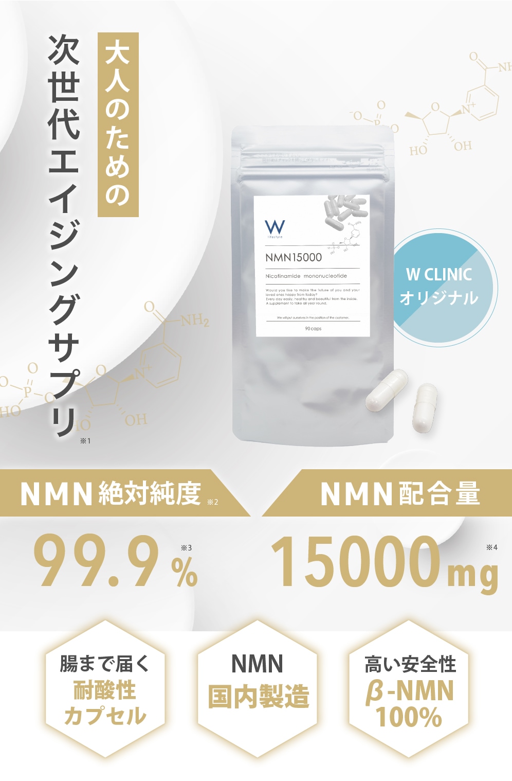 NMN 15000 サプリ サプリメント Wクリニック 加齢と共に失われる体内成分に着目した高純度NMNサプリメント