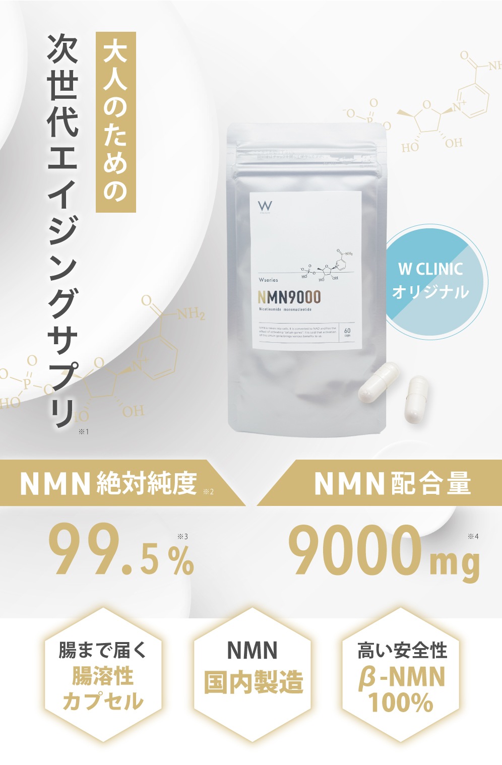 NMN 9000 サプリ サプリメント Wクリニック 加齢と共に失われる体内成分に着目した高純度NMNサプリメント