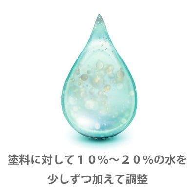 塗料に対して10％～20％の水を少しずつ加えて調整する