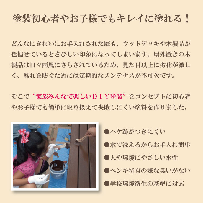 家族みんなで楽しいDIY塗装をコンセプトに塗装初心者やお子様でもきれいに塗れる木製品保護塗料を作りました。