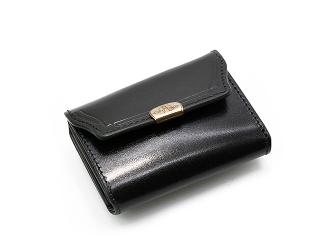 黒本革2つ折りwallet 銀色コンチョ留め＆楕円カン付き ナチュラル糸手縫い