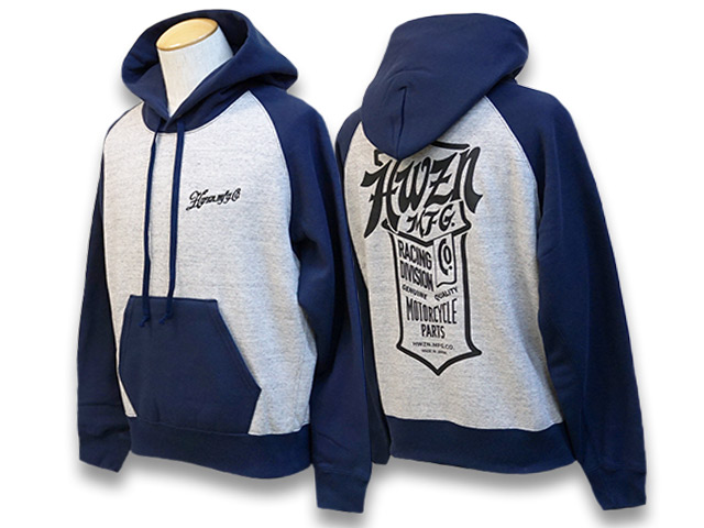 【HWZN BROSS/ハウゼンブロス】2023SS「Emblem Combi  Hoodie/エンブレムコンビフーディー」(ホイールズアパレル/アメカジ/ホットロッド/ハーレー/チョッパー/ボバー/カスタム/バイク/WOLF  PACK/ウルフパック)-WOLF PACK