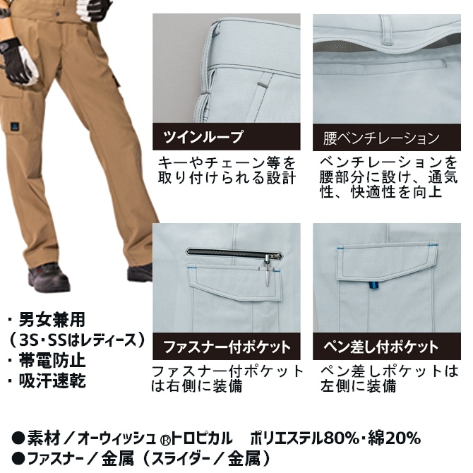 作業服 アジト クールドライ カーゴパンツ 1タック 春夏用 AZITO AZ