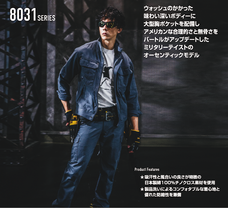 バートル 8031着用イメージ画像、綿素材、防縮