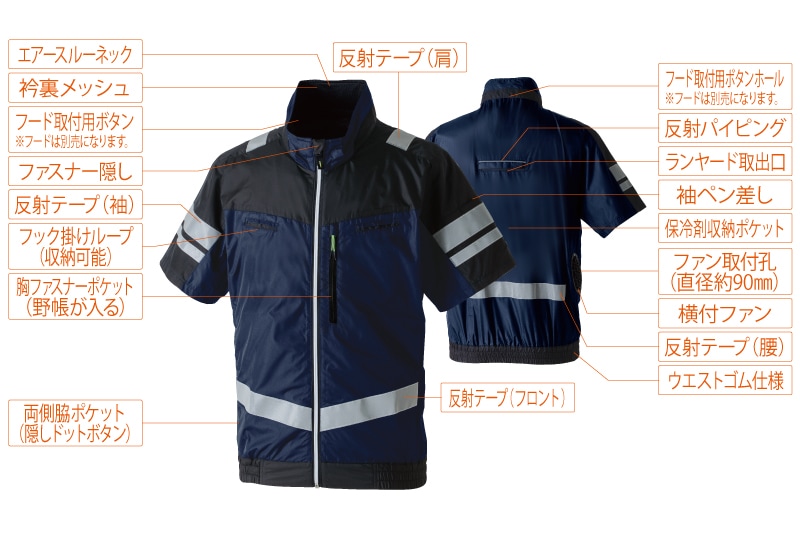 桑和 7369-11 ファン付き作業服 半袖ブルゾン(ファン別売り) 春夏 反射