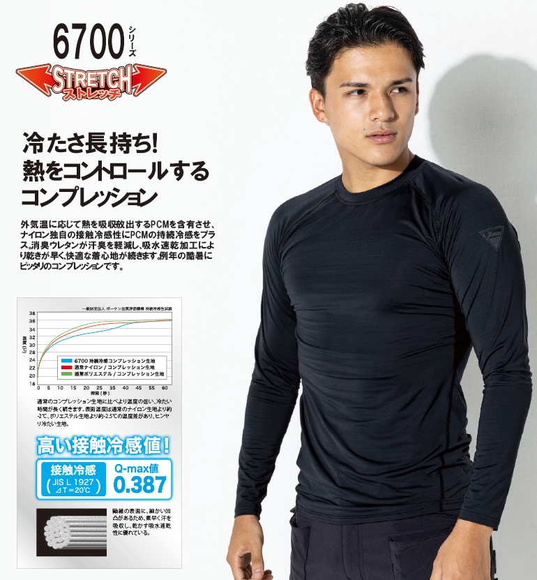 ジーベック 6700 着用イメージ画像、特徴：接触冷感Q-max0.38、持続冷感、JIST8118、紫外線カット、消臭機能、吸汗速乾
