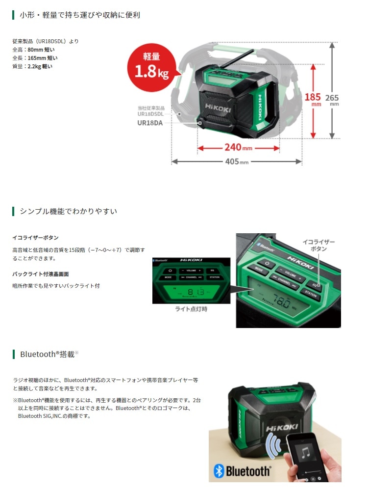 HiKOKI】 UR18DA 18V コードレスラジオ 本体+ACアダプタのみ ＜畜電池・充電器別売＞ 【ハイコーキ】 (日立工機) | HiKOKI （日立工機/HITACHI）,墨だし器・その他,その他 | Working-proshop