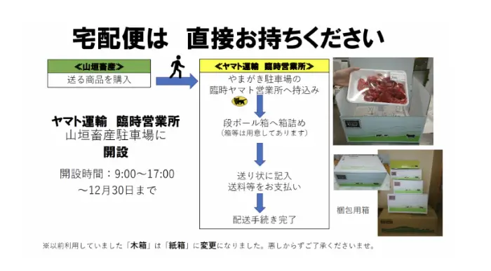 山垣畜産本店 ヤマト運輸臨時営業所 のご利用方法を説明した画像
