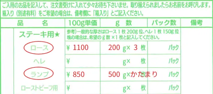ステーキを注文する際の記入例の画像
