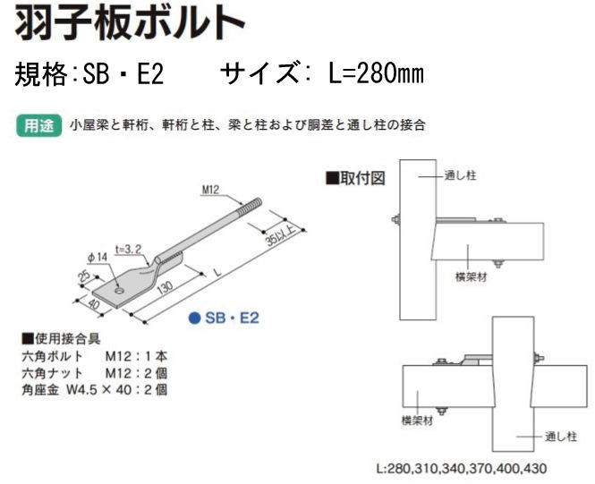 Z(ゼット) Z羽子板ボルト SB・E2《腰高タイプ・釘穴なし》L=280mm（50本入）-マモルデ