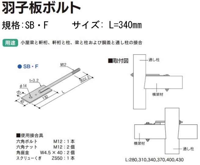 Z(ゼット) Z羽子板ボルト SB・F《フラットタイプ・釘穴付き》 L=340mm（50本入）-マモルデ