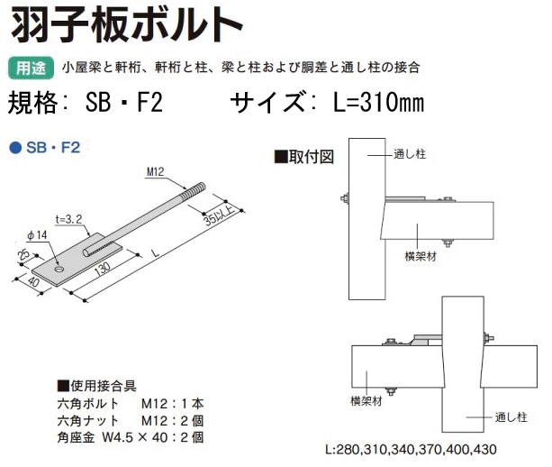 Z(ゼット) Z羽子板ボルト SB・F2《フラットタイプ・釘穴なし》 L=310mm