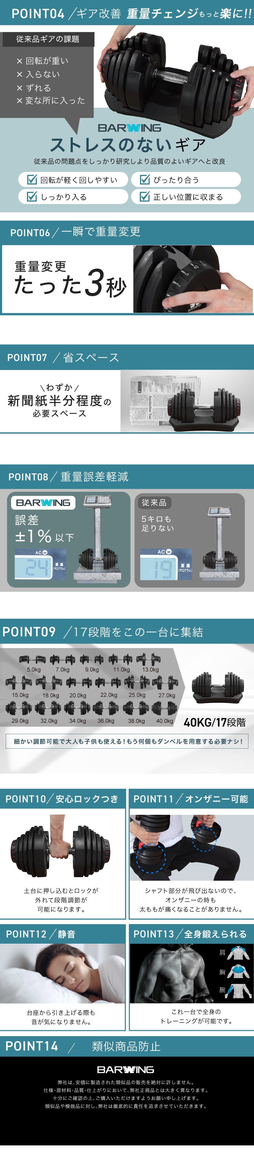 NEWモデル 可変式ダンベル 40kg 2個セット 17段階調節 重量調節