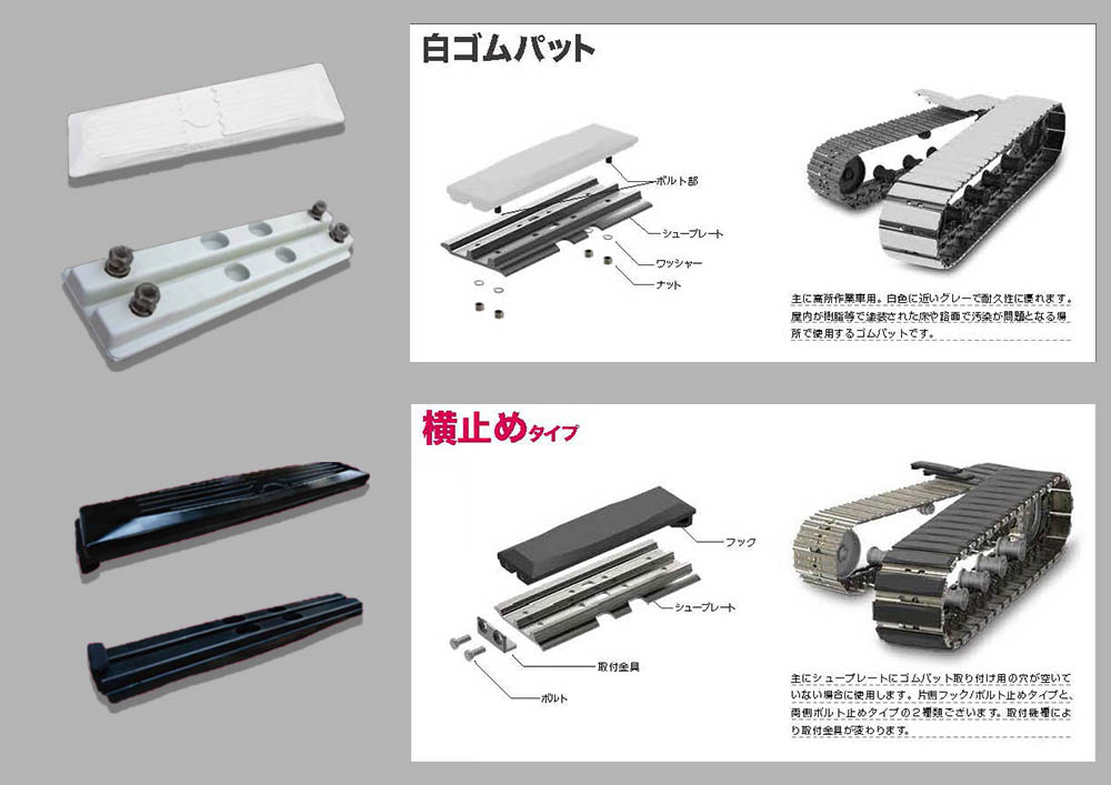 ゴムパッド　ゴムクローラー　ショベル　ユンボ　部品　白ゴムパッド　横止めゴムパッド　解説