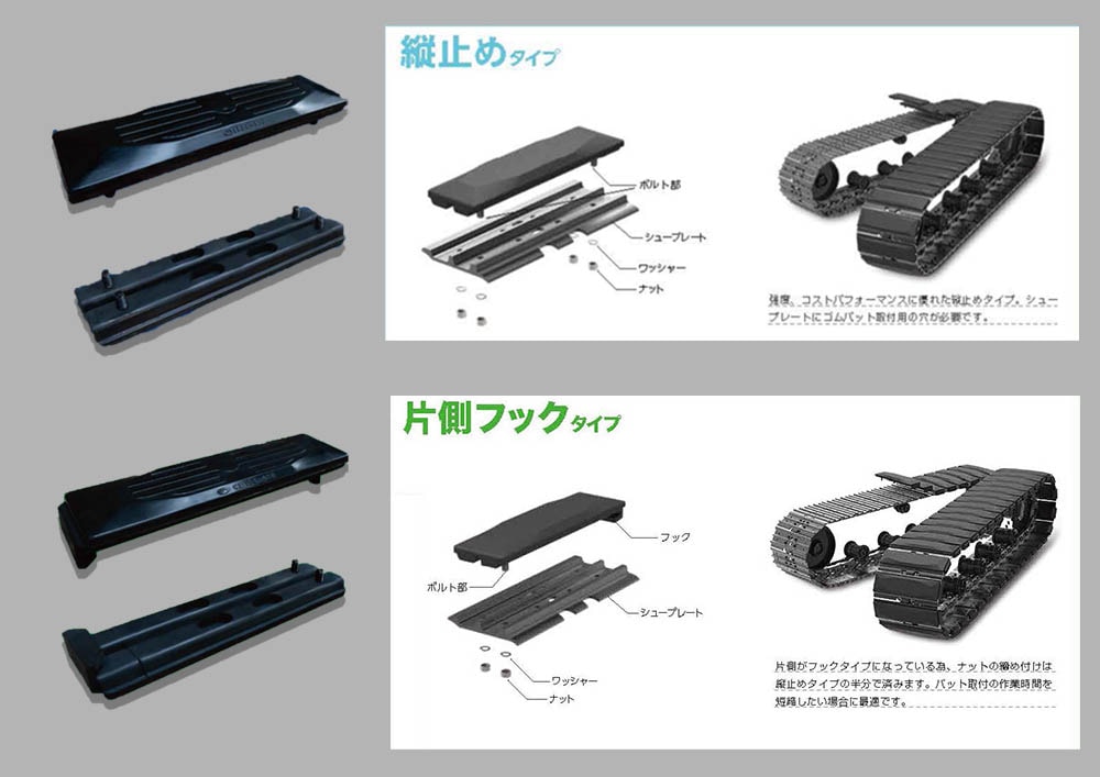 ゴムパッド　ゴムクローラー　ショベル　ユンボ　部品　縦止めゴムパッド　片側フックゴムパッド　解説