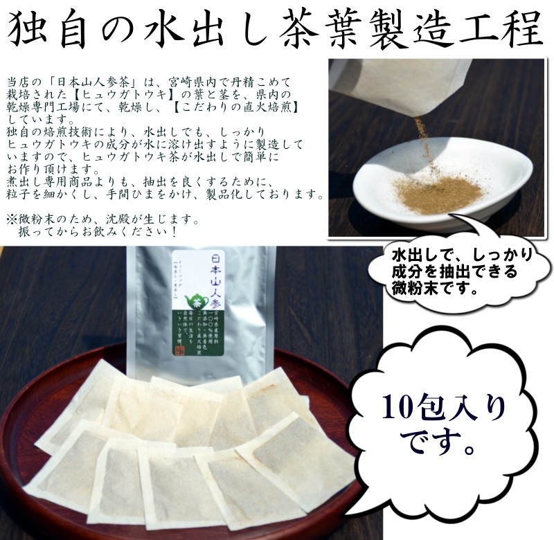日本山人参茶（ヒュウガトウキ茶）は簡単に水出しできるように、独自の製法で作っています。