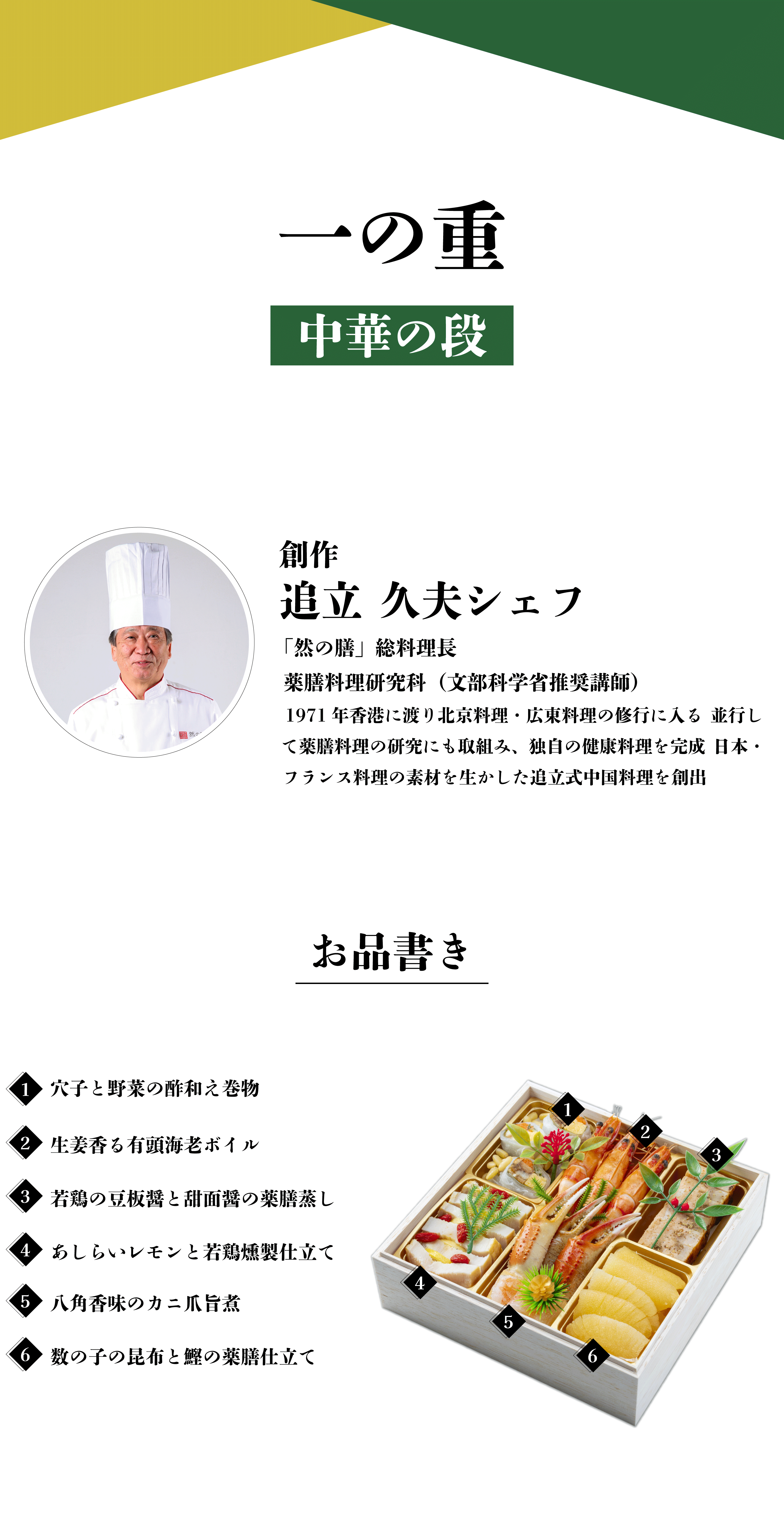 一の重 中華の段 創作 追立 久夫シェフ 「然の膳」 総料理長 藥膳料理研究科(文部科学省推奨講師) 1971年香港に渡り北京料理・広東料理の修行に入る 並行して薬膳料理の研究にも取組み、独自の健康料理を完成 日本・ フランス料理の素材を生かした追立式中国料理を創出 お品書き 1.穴子と野菜の酢和え巻物 2.生姜香る有頭海老ボイル 3.若鶏の豆板醤と甜面醤の薬膳蒸し 4.あしらいレモンと若鶏燻製仕立て 5.八角香味のカニ爪旨煮 6.数の子の昆布と鰹の薬膳仕立て